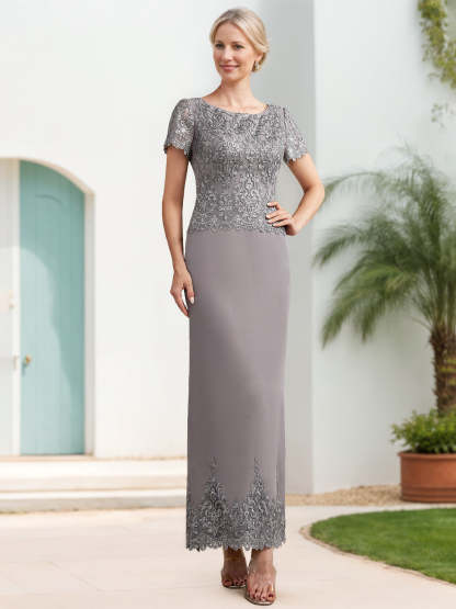 Scoop Neck Short Sleeve Ankle-Length Sheath/Column Mother of the Bride Dress with Appliques
