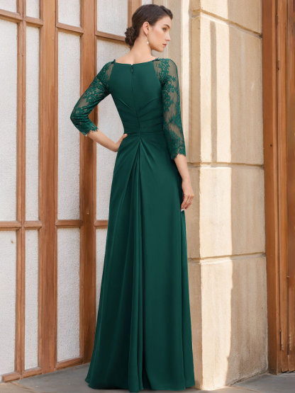 Princess A-Line Floor-Length Mother of the Bride Dresses with Scoop Neck 3/4 Sleeves Sequins Ruffles & Appliques