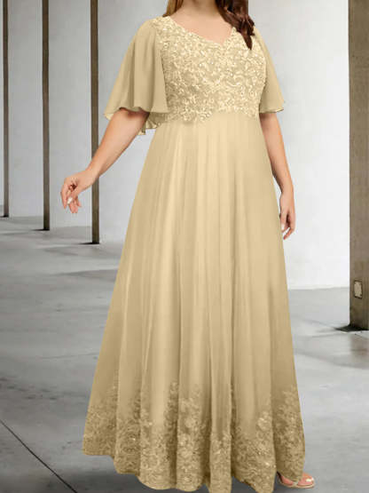 Plus Size V-Neck A-Line Princess Floor-Length Mother of the Bride Dress with Appliques and Half Sleeves