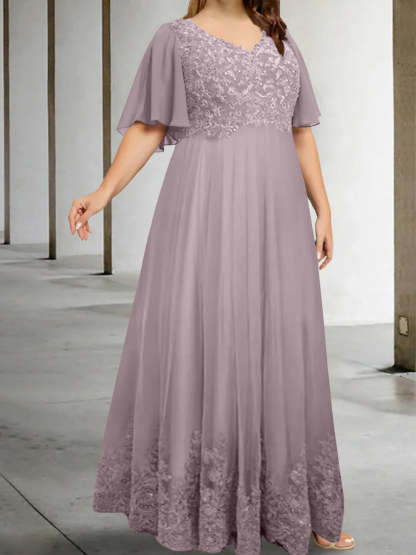 Plus Size V-Neck A-Line Princess Floor-Length Mother of the Bride Dress with Appliques and Half Sleeves