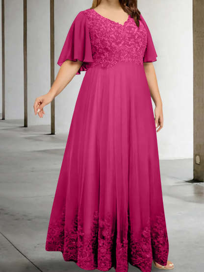 Plus Size V-Neck A-Line Princess Floor-Length Mother of the Bride Dress with Appliques and Half Sleeves