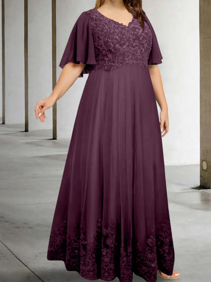 Plus Size V-Neck A-Line Princess Floor-Length Mother of the Bride Dress with Appliques and Half Sleeves