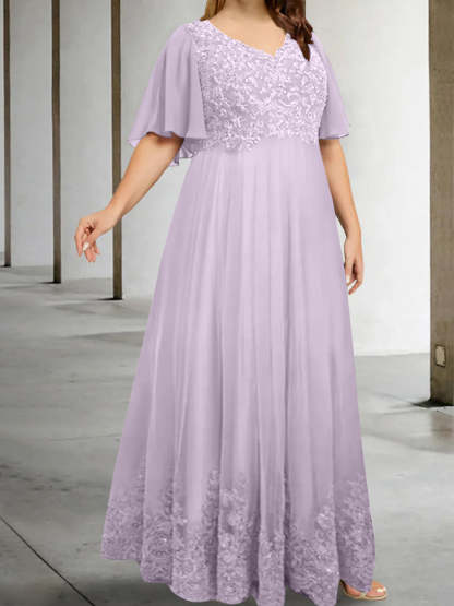 Plus Size V-Neck A-Line Princess Floor-Length Mother of the Bride Dress with Appliques and Half Sleeves