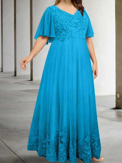 Plus Size V-Neck A-Line Princess Floor-Length Mother of the Bride Dress with Appliques and Half Sleeves