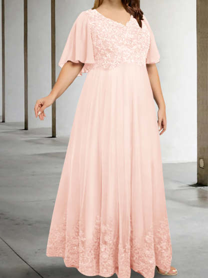 Plus Size V-Neck A-Line Princess Floor-Length Mother of the Bride Dress with Appliques and Half Sleeves