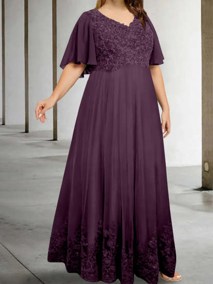 Plus Size V-Neck A-Line Princess Floor-Length Mother of the Bride Dress with Appliques and Half Sleeves
