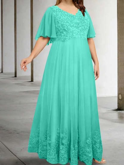 Plus Size V-Neck A-Line Princess Floor-Length Mother of the Bride Dress with Appliques and Half Sleeves