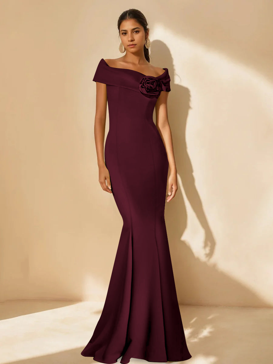 Minimalist Off-the-Shoulder Mother of the Bride Dresses in Trumpet/Mermaid Style with Detachable Flower