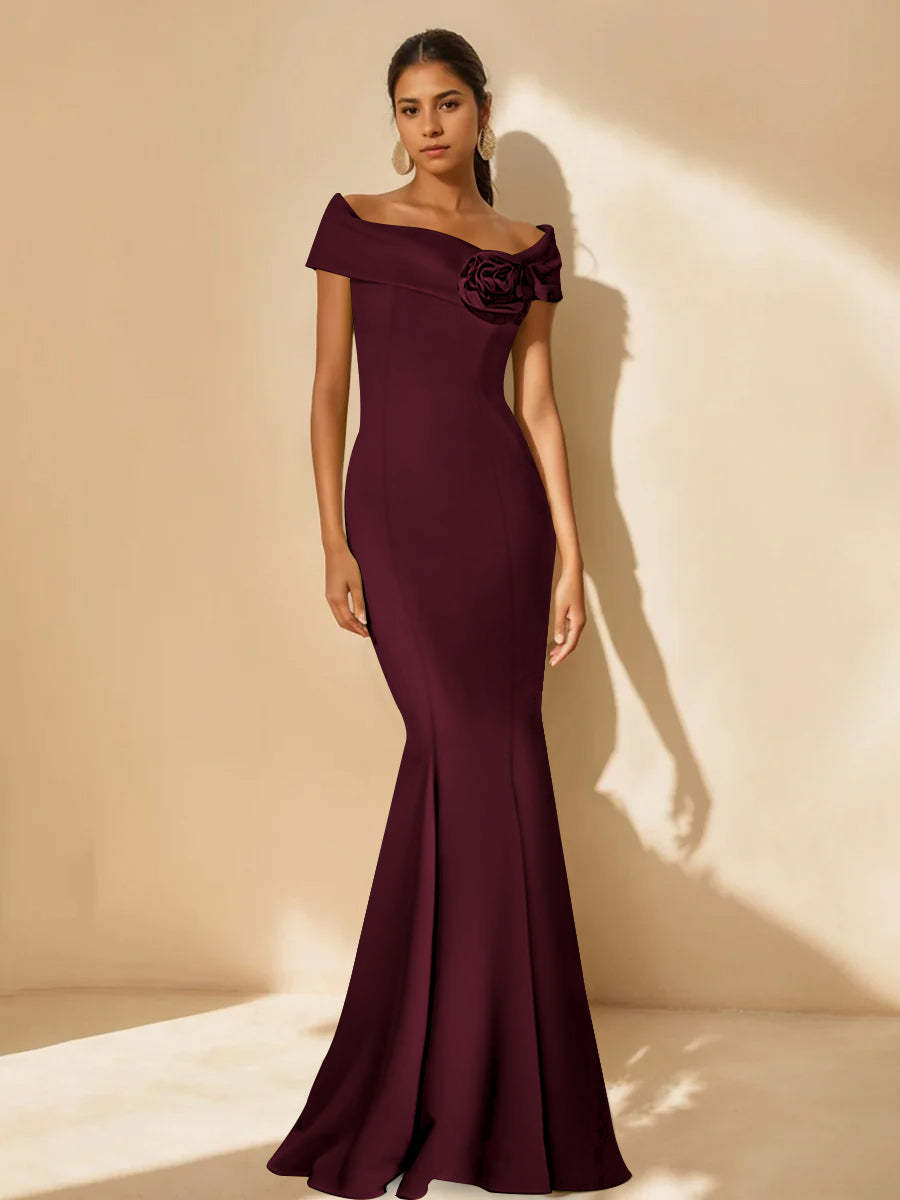 Minimalist Off-the-Shoulder Mother of the Bride Dresses in Trumpet/Mermaid Style with Detachable Flower