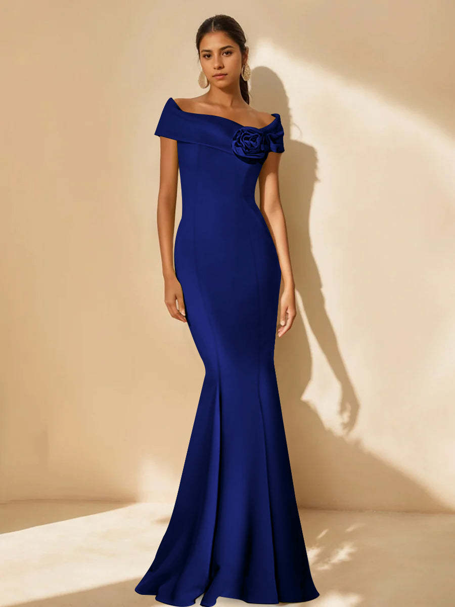 Minimalist Off-the-Shoulder Mother of the Bride Dresses in Trumpet/Mermaid Style with Detachable Flower