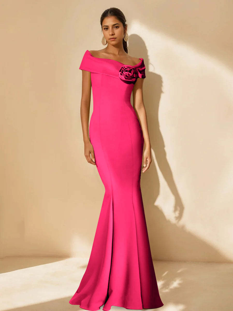 Minimalist Off-the-Shoulder Mother of the Bride Dresses in Trumpet/Mermaid Style with Detachable Flower