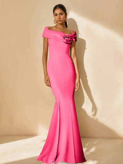 Minimalist Off-the-Shoulder Mother of the Bride Dresses in Trumpet/Mermaid Style with Detachable Flower