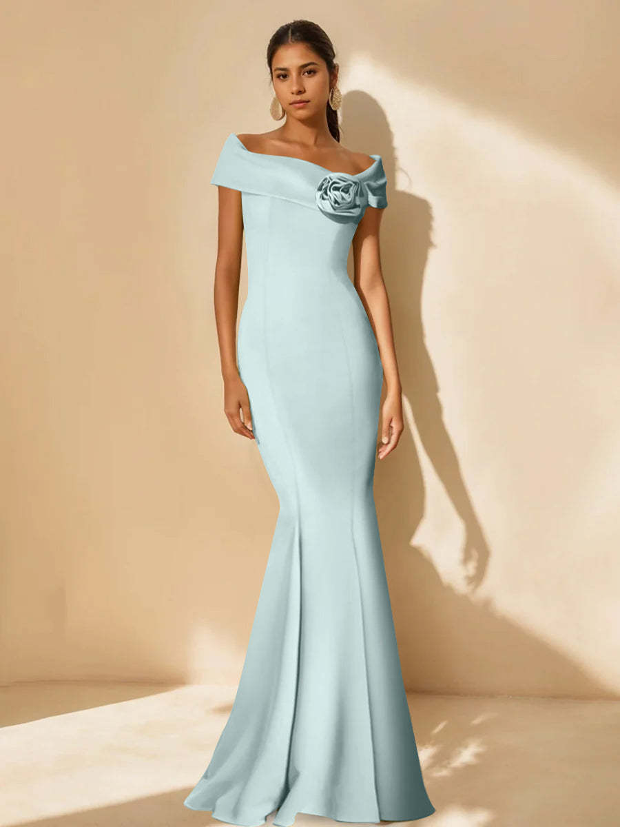 Minimalist Off-the-Shoulder Mother of the Bride Dresses in Trumpet/Mermaid Style with Detachable Flower