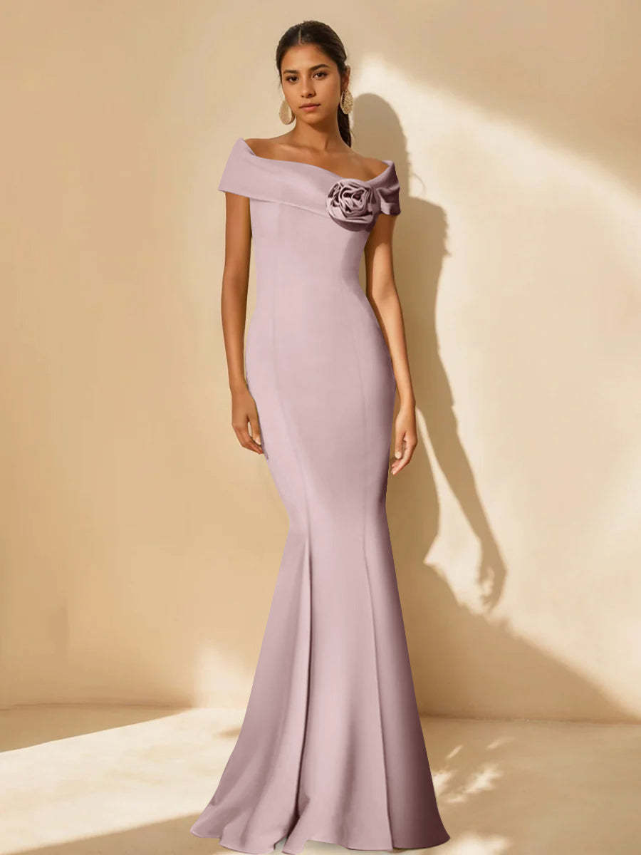 Minimalist Off-the-Shoulder Mother of the Bride Dresses in Trumpet/Mermaid Style with Detachable Flower
