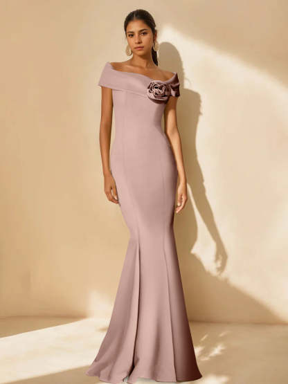 Minimalist Off-the-Shoulder Mother of the Bride Dresses in Trumpet/Mermaid Style with Detachable Flower