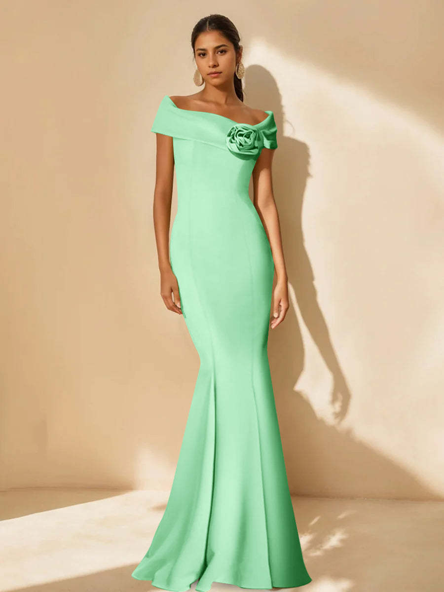 Minimalist Off-the-Shoulder Mother of the Bride Dresses in Trumpet/Mermaid Style with Detachable Flower