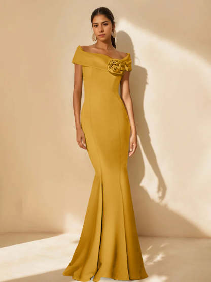 Minimalist Off-the-Shoulder Mother of the Bride Dresses in Trumpet/Mermaid Style with Detachable Flower