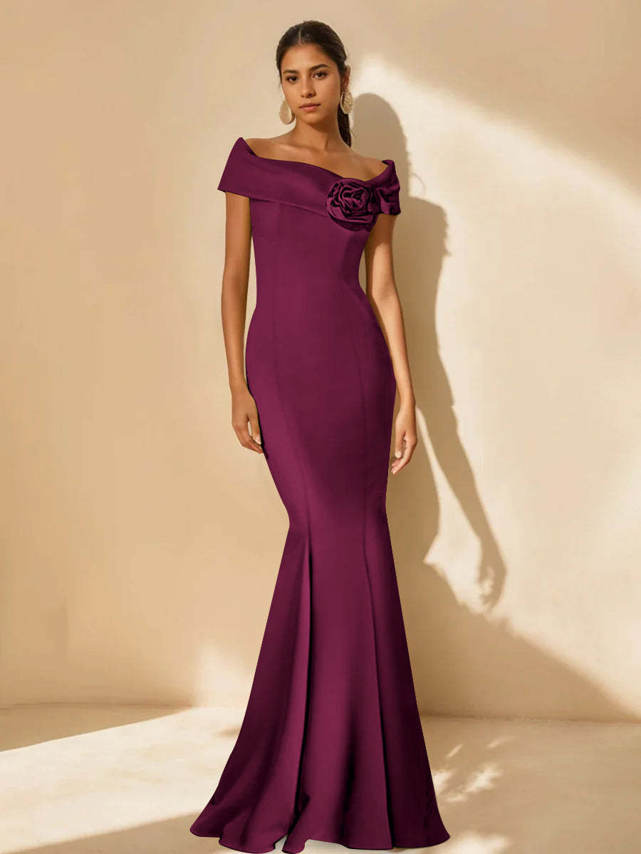 Minimalist Off-the-Shoulder Mother of the Bride Dresses in Trumpet/Mermaid Style with Detachable Flower