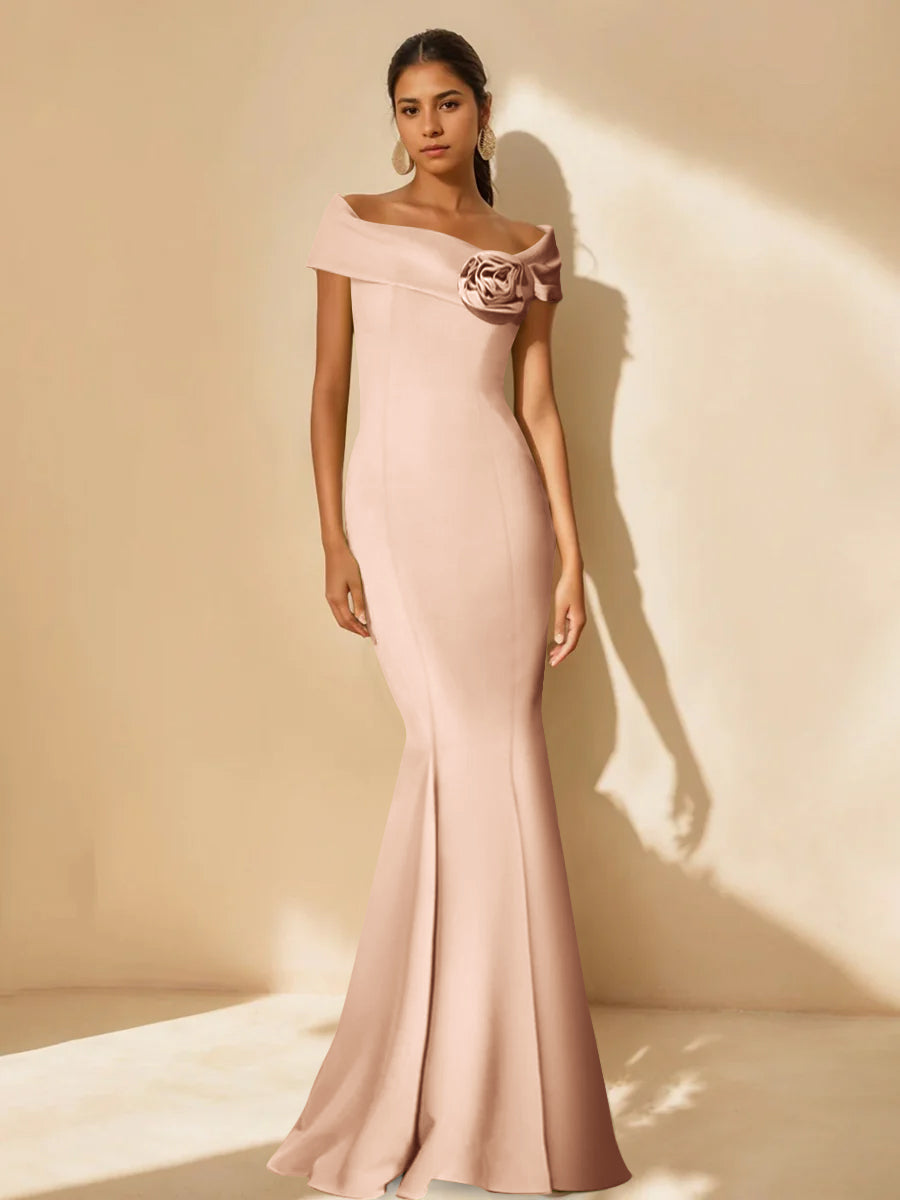 Minimalist Off-the-Shoulder Mother of the Bride Dresses in Trumpet/Mermaid Style with Detachable Flower