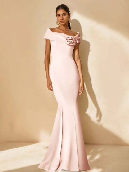 Minimalist Off-the-Shoulder Mother of the Bride Dresses in Trumpet/Mermaid Style with Detachable Flower
