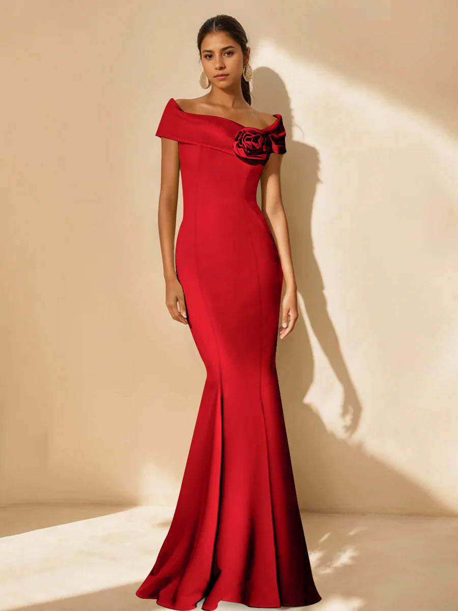 Minimalist Off-the-Shoulder Mother of the Bride Dresses in Trumpet/Mermaid Style with Detachable Flower