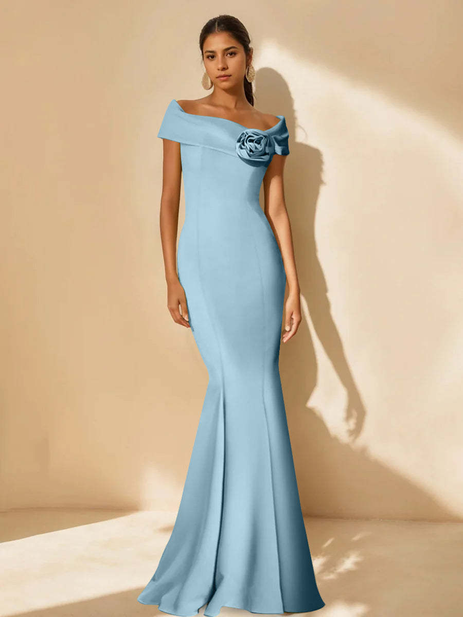 Minimalist Off-the-Shoulder Mother of the Bride Dresses in Trumpet/Mermaid Style with Detachable Flower