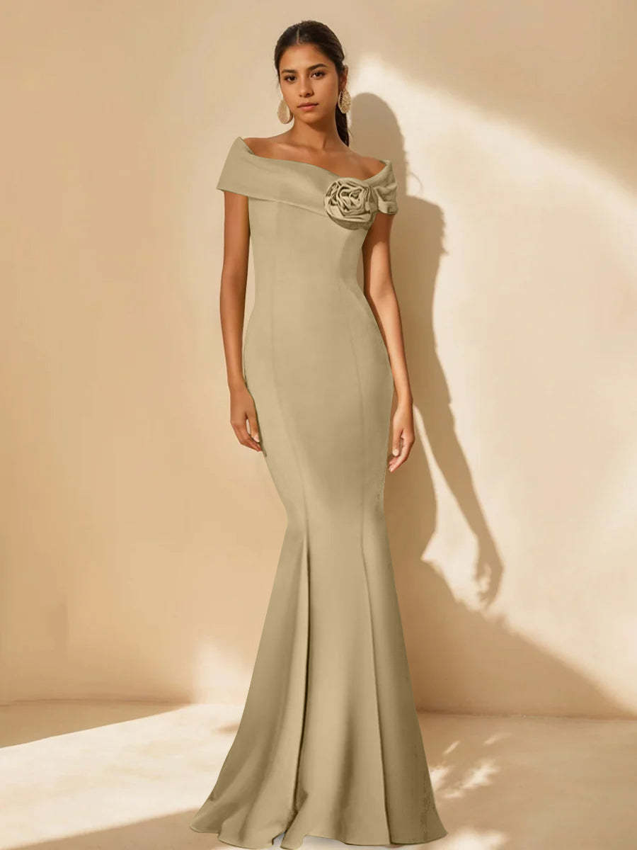 Minimalist Off-the-Shoulder Mother of the Bride Dresses in Trumpet/Mermaid Style with Detachable Flower