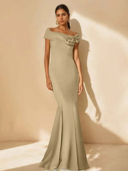 Minimalist Off-the-Shoulder Mother of the Bride Dresses in Trumpet/Mermaid Style with Detachable Flower