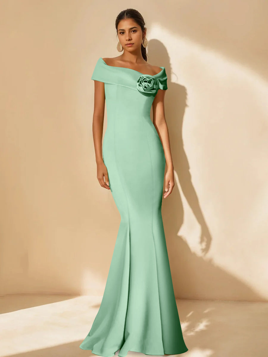 Minimalist Off-the-Shoulder Mother of the Bride Dresses in Trumpet/Mermaid Style with Detachable Flower