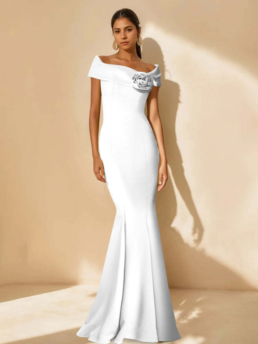 Minimalist Off-the-Shoulder Mother of the Bride Dresses in Trumpet/Mermaid Style with Detachable Flower