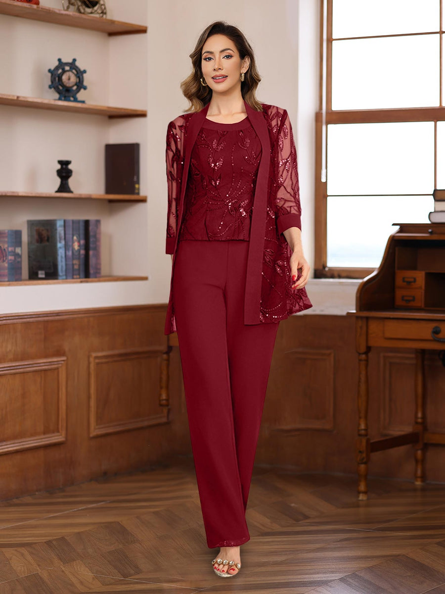 3-Piece Floor-Length Chiffon Pantsuits with Sequins for the Mother of the Bride