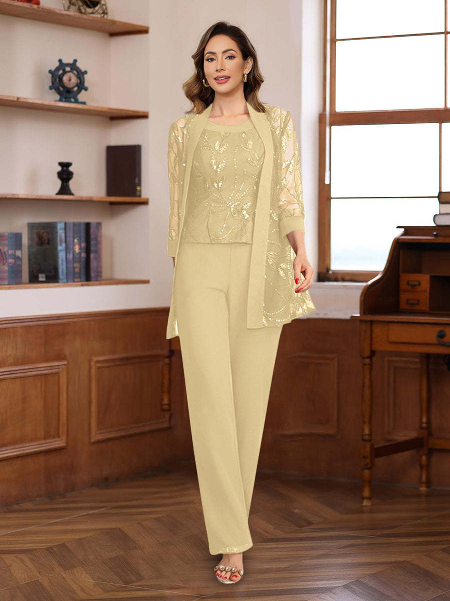 3-Piece Floor-Length Chiffon Pantsuits with Sequins for the Mother of the Bride