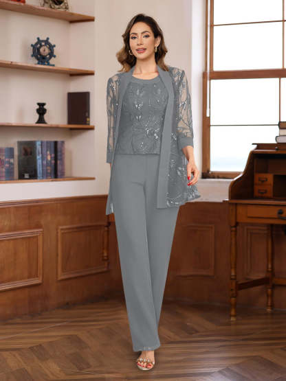 3-Piece Floor-Length Chiffon Pantsuits with Sequins for the Mother of the Bride