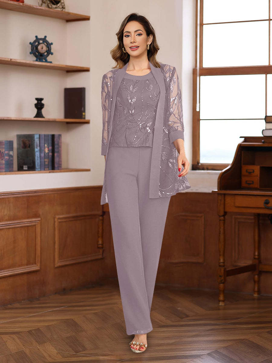 3-Piece Floor-Length Chiffon Pantsuits with Sequins for the Mother of the Bride