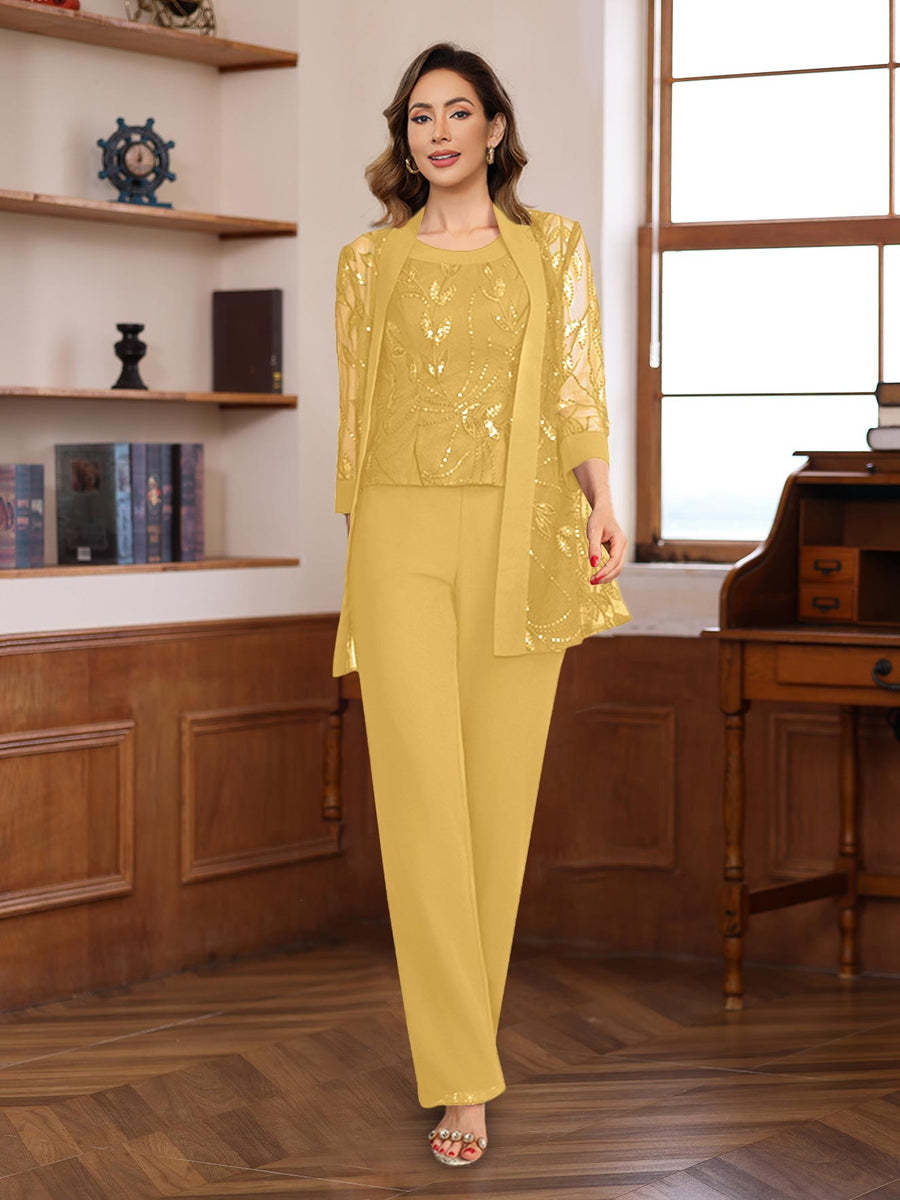 3-Piece Floor-Length Chiffon Pantsuits with Sequins for the Mother of the Bride