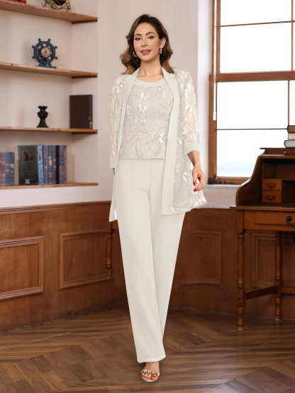 3-Piece Floor-Length Chiffon Pantsuits with Sequins for the Mother of the Bride