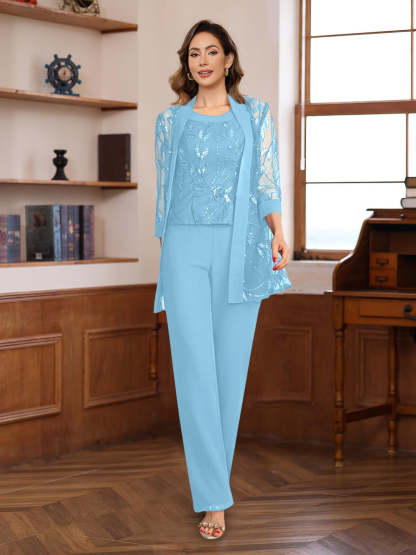 3-Piece Floor-Length Chiffon Pantsuits with Sequins for the Mother of the Bride