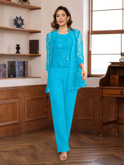 3-Piece Floor-Length Chiffon Pantsuits with Sequins for the Mother of the Bride