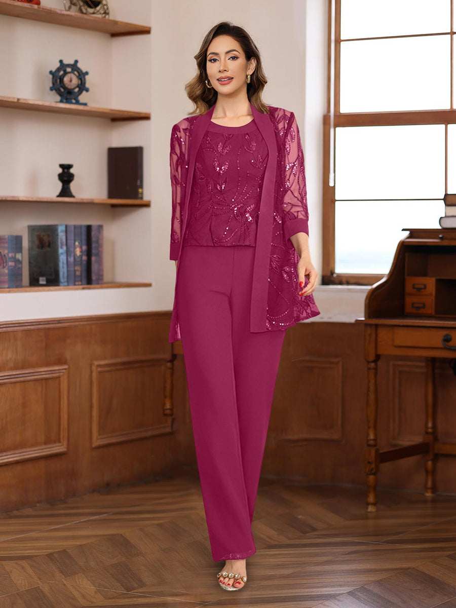 3-Piece Floor-Length Chiffon Pantsuits with Sequins for the Mother of the Bride