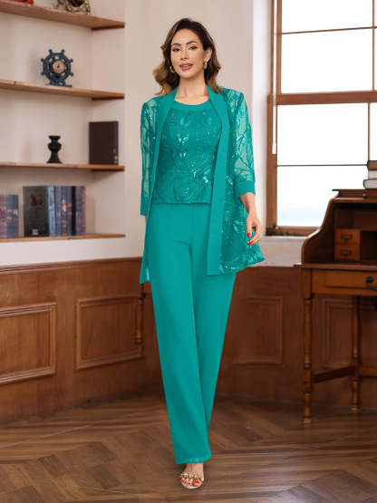 3-Piece Floor-Length Chiffon Pantsuits with Sequins for the Mother of the Bride