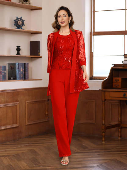 3-Piece Floor-Length Chiffon Pantsuits with Sequins for the Mother of the Bride