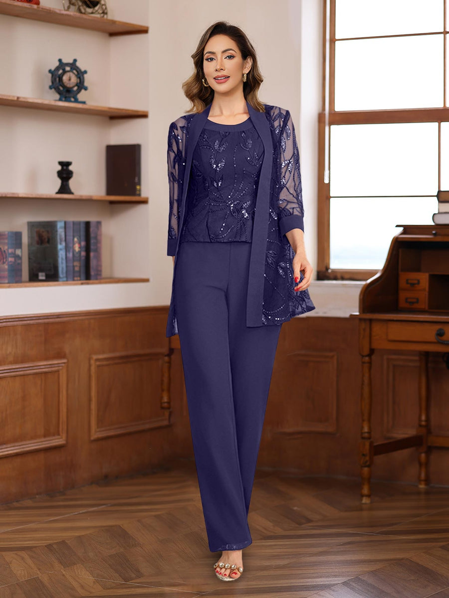 3-Piece Floor-Length Chiffon Pantsuits with Sequins for the Mother of the Bride