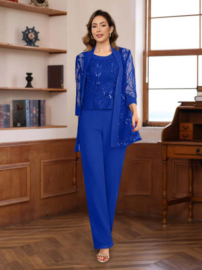 3-Piece Floor-Length Chiffon Pantsuits with Sequins for the Mother of the Bride