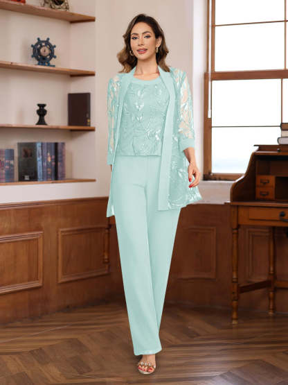 3-Piece Floor-Length Chiffon Pantsuits with Sequins for the Mother of the Bride