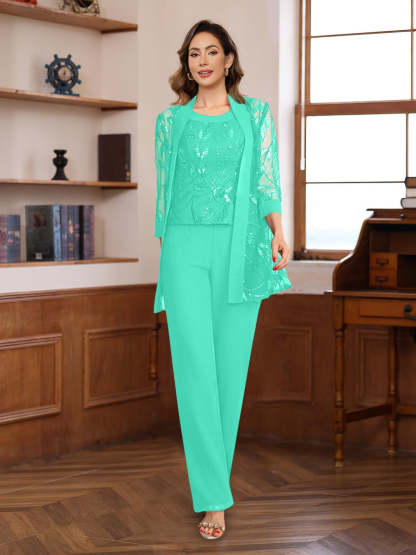 3-Piece Floor-Length Chiffon Pantsuits with Sequins for the Mother of the Bride