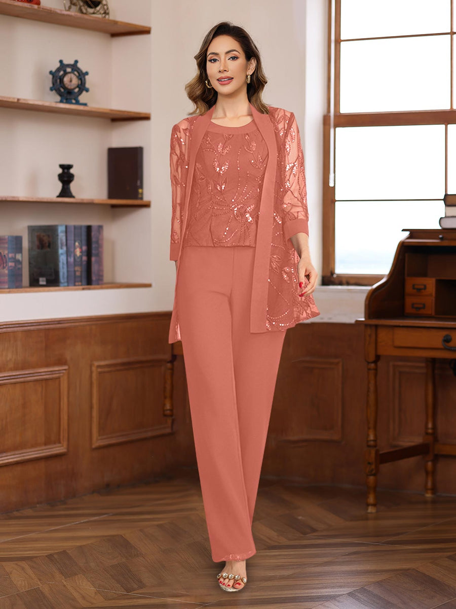 3-Piece Floor-Length Chiffon Pantsuits with Sequins for the Mother of the Bride