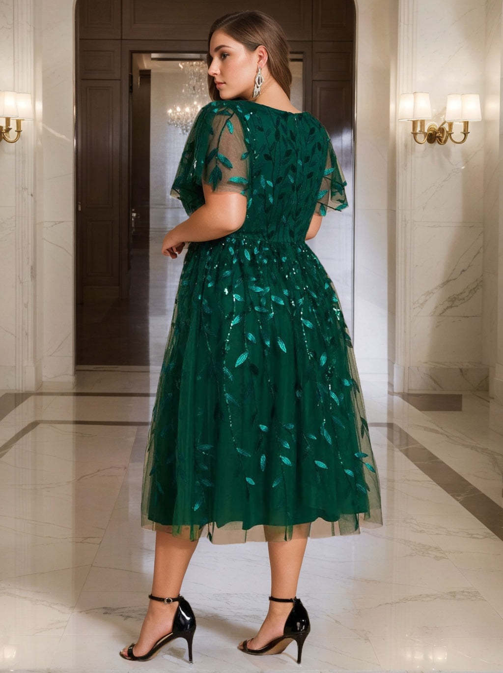 Plus Size V-Neck A-Line Princess Tea-Length Mother of the Bride Dress with Short Sleeves and Sequins