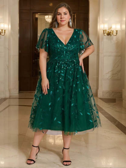 Plus Size V-Neck A-Line Princess Tea-Length Mother of the Bride Dress with Short Sleeves and Sequins