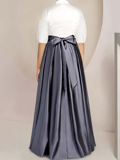Princess A-Line Satin Mother of the Bride Dress with Bowknot - Plus Size Floor-Length 2-Piece Set