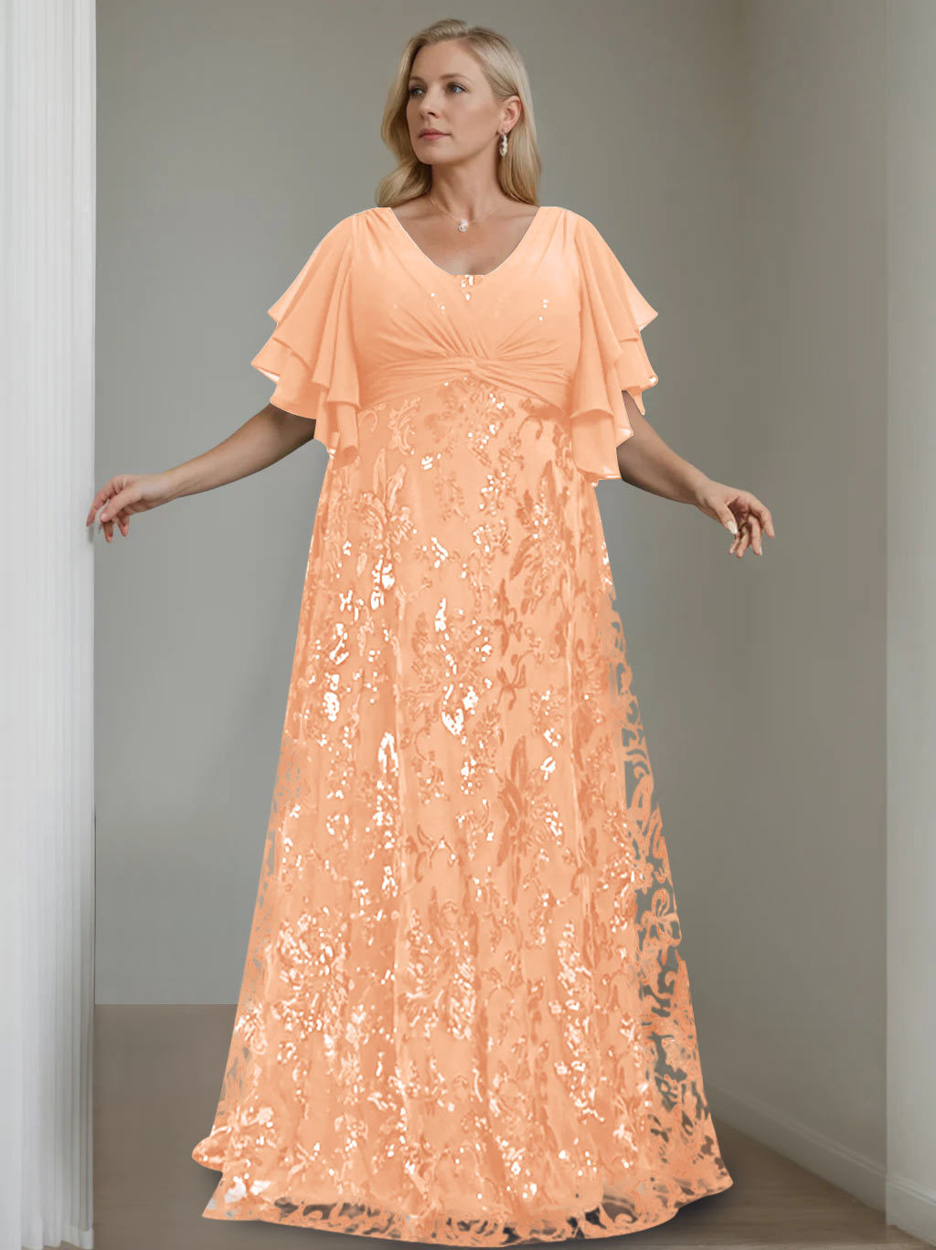 Plus Size V-Neck A-Line Princess Floor-Length Mother of the Bride Dress with Sequins and Half Sleeves